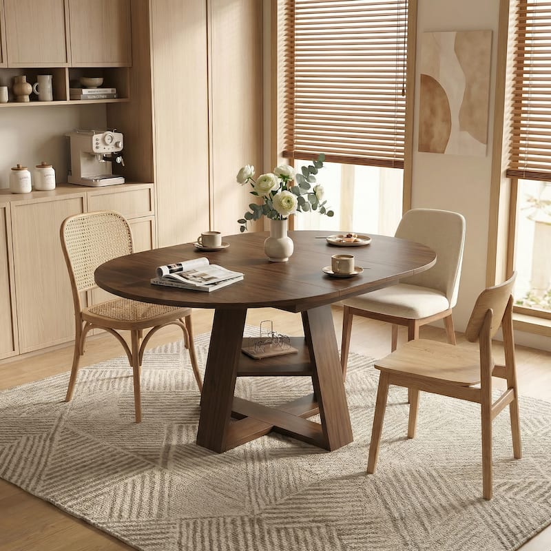 43"-59" Extendable Oval Dining Table with Storage Base, Modern Round to Oval Kitchen Table - Walnut