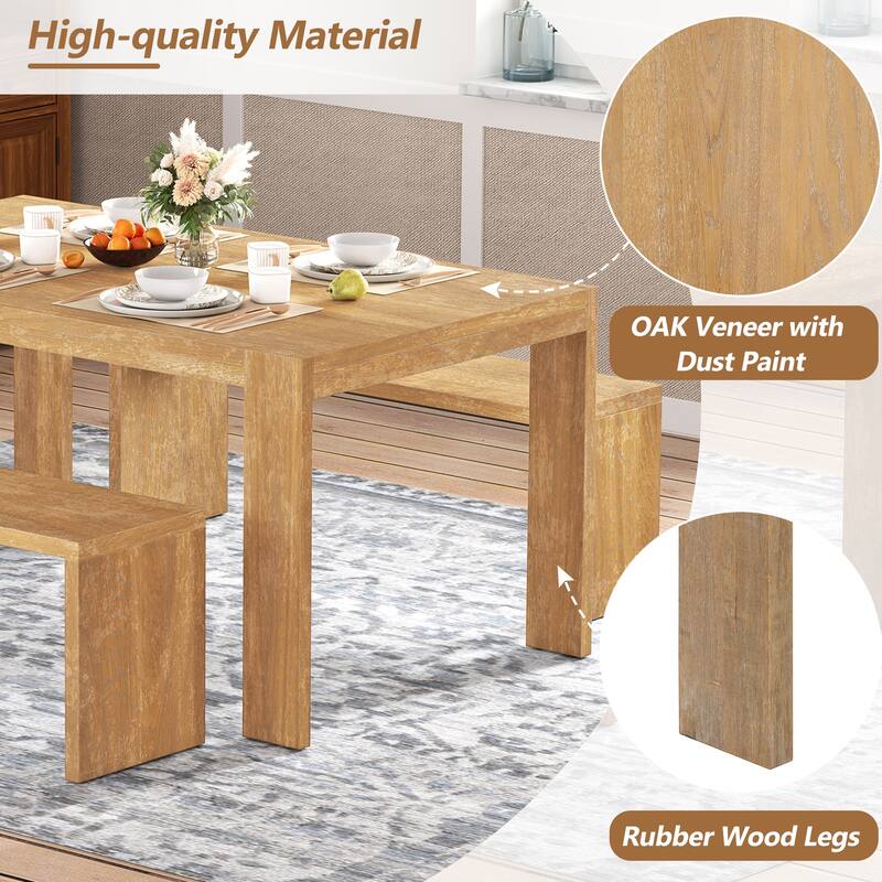 3-piece Farmhouse Style Simple Dining Set, Dining Table and 2 Benches, for Dining Room, Kitchen and Living Room (Natural