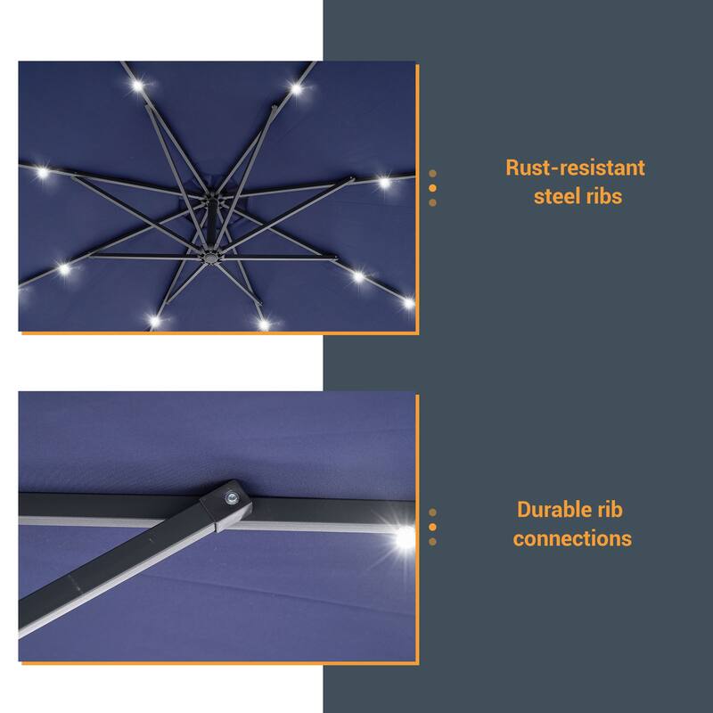 10Ft LED Patio Offset Umbrella Hanging Circle Umbrellas,w/Cross Base