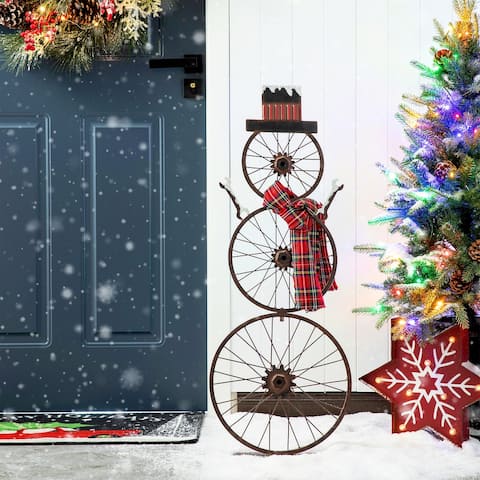 Glitzhome 34"H Metal Bike Wheel Snowman with Plaid Scarf Porch Decor - Rustic