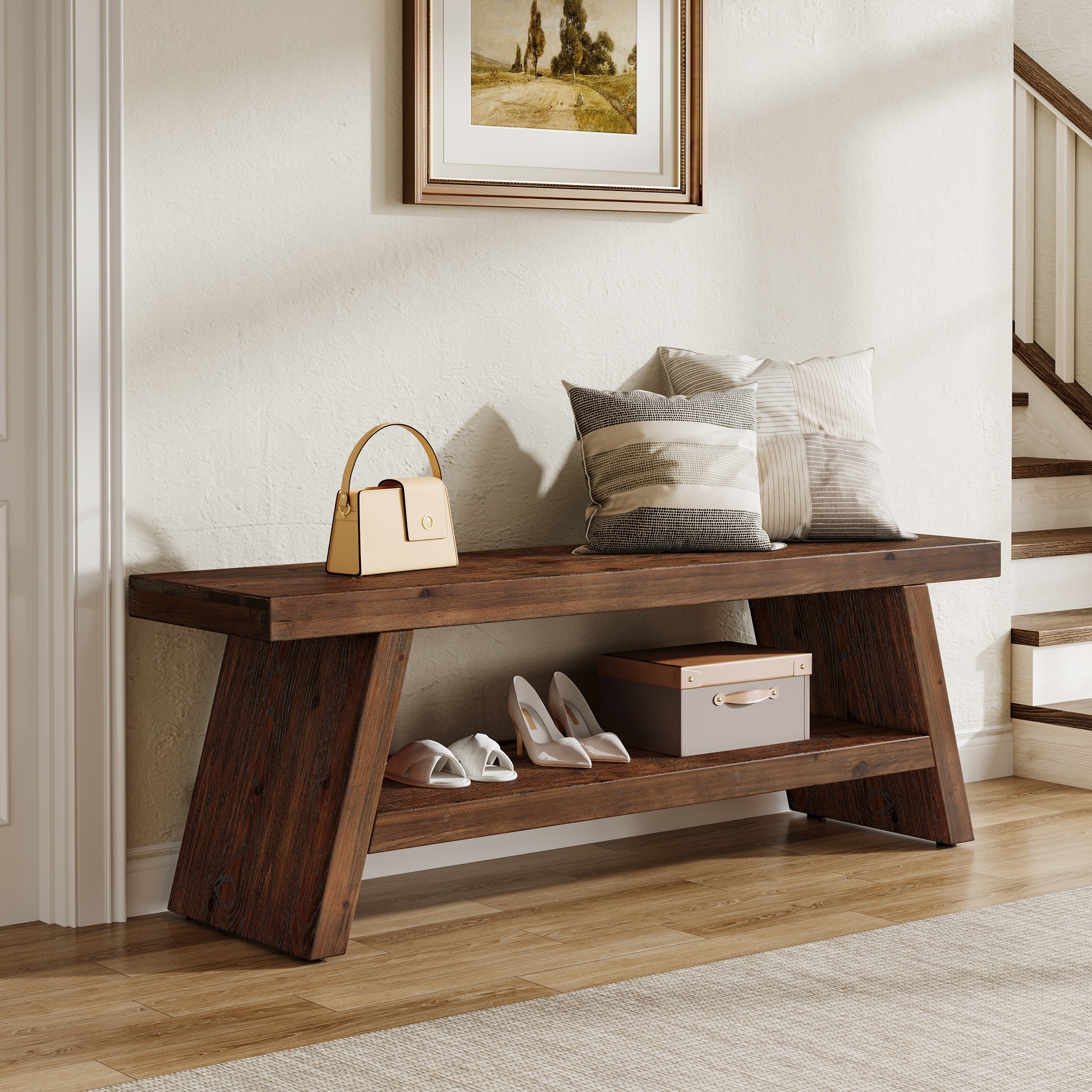 Solid Wood Entryway Bench, 2-Tier Shoe Bench with Open Shelves