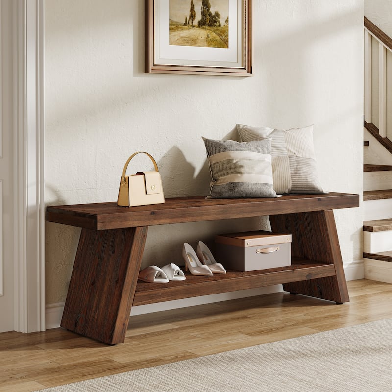 Solid Wood Entryway Bench, 2-Tier Shoe Bench with Open Shelves - Dark Drown