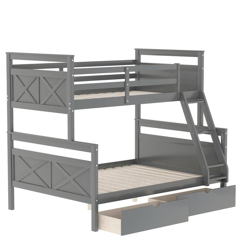 Twin over Full Bunk Bed with Inclined Ladder & Storage Drawers - Full-Length Safety Rail