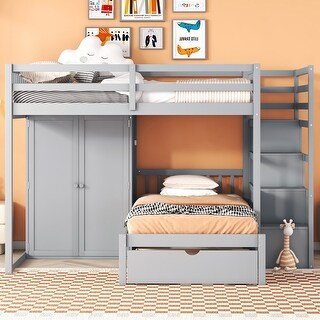 Full Over Twin Bunk Bed with Wardrobe & Drawers, Grey