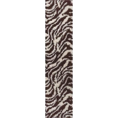Well Woven Shag Plush Zebra Brown Runner Rug - 2'3" x 7'3"