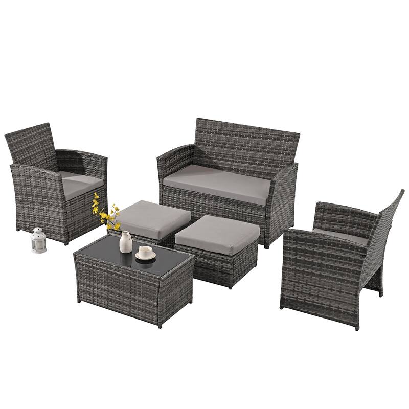 6-Piece Wicker Outdoor Sofa Set, 1 Loveseats, 2 Chairs, 2 Ottomans and 1 Table