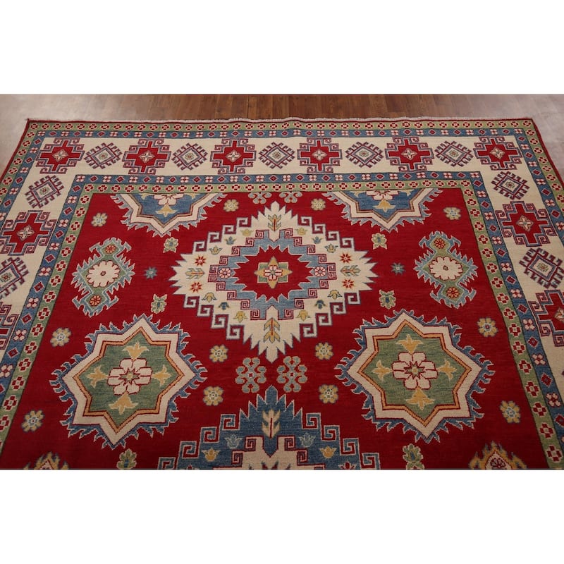 Red Geometric Kazak Oriental Area Rug Hand-Knotted Wool Carpet - 8'1" x 11'0"