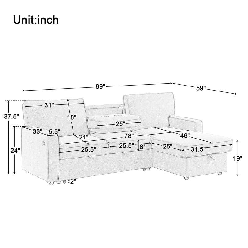 Upholstery Sleeper Sectional Sofa with Storage and 2 Cup Holder, Modern Corner Sectional with Pull-Out Sleeper and USB port