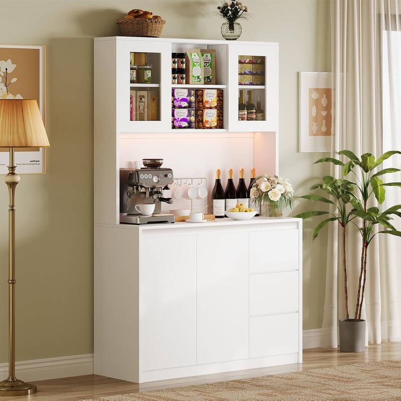 Kitchen Pantry Cabinet , Tall Storage Cabinet with Countertop and LED Lights - White