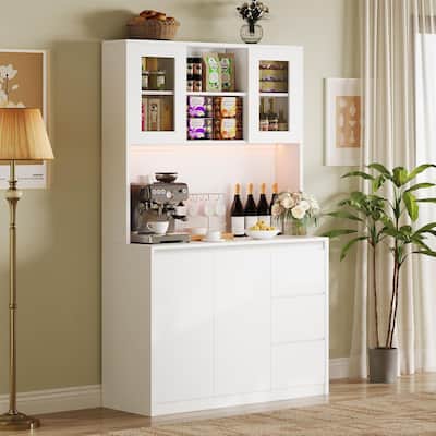 Kitchen Pantry Cabinet , Tall Storage Cabinet with Countertop and LED Lights