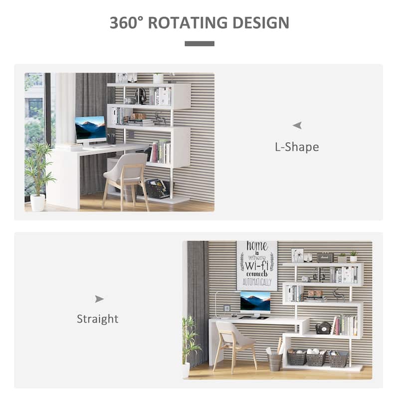 HOMCOM 94" L-Shaped Computer Desk: Rotating Writing Table, Corner Desk with Shelves, Stainless Steel Frame