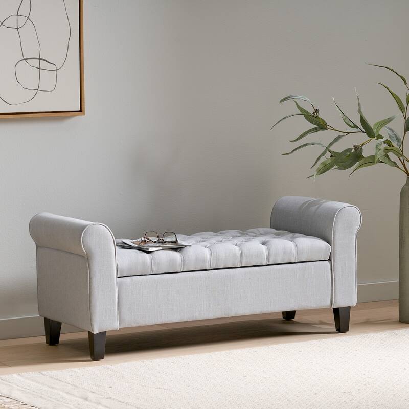 Roomfitters Upholstered Storage Bench with Tufted Design and Wooden Legs, Multi-functional End of Bed Bench