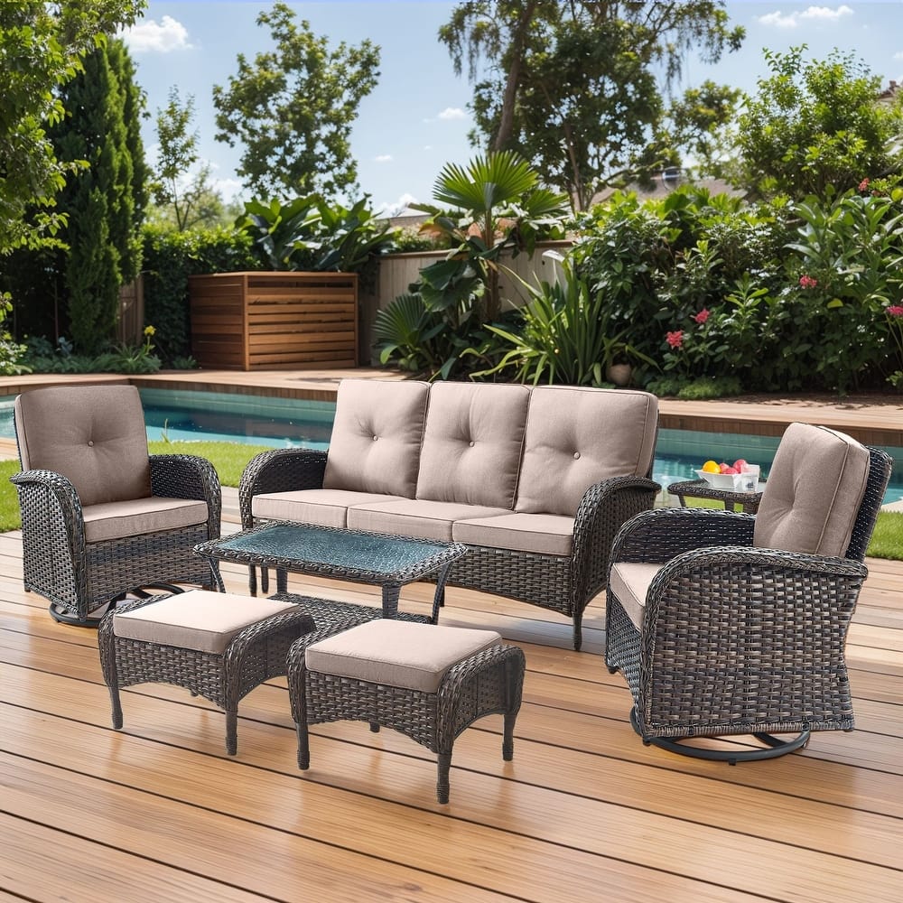 Gymojoy 7-Piece Outdoor Wicker Patio Furniture with 3 Seat Sofa & Swivel Chair, Coversation Set with Water Resistant Cushions