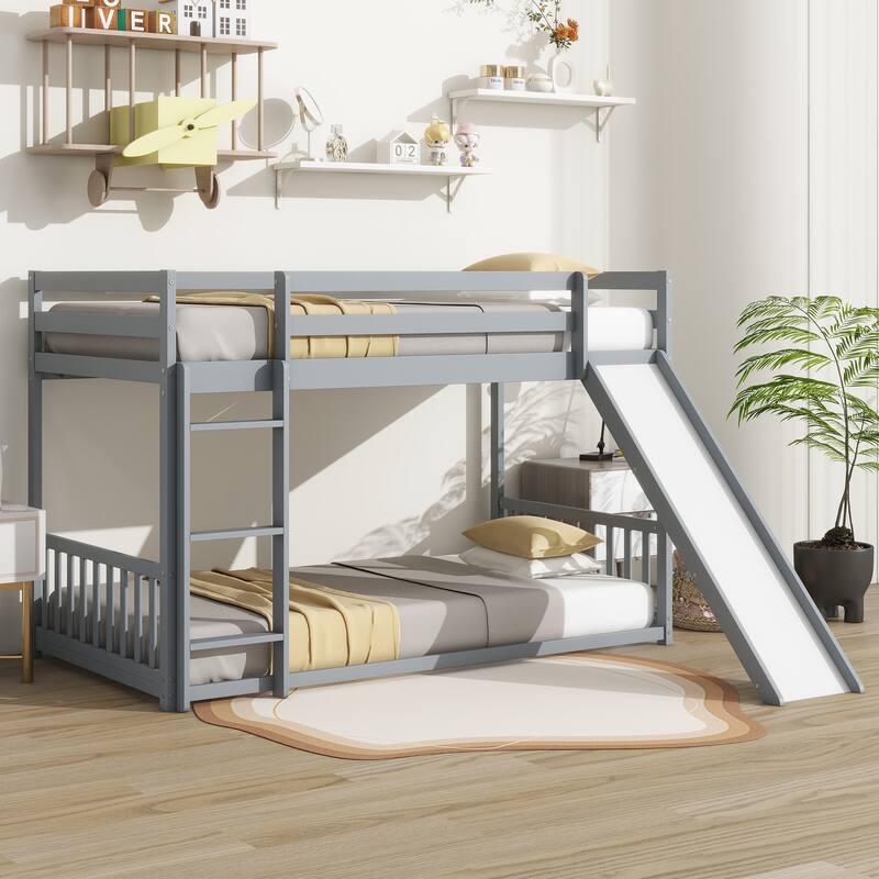 Twin Over Twin Low Pine Wood Bunk Bed with Guardrails, Slide and Ladder for Kids, No Slats Toddler Floor Bed with Fence and Door