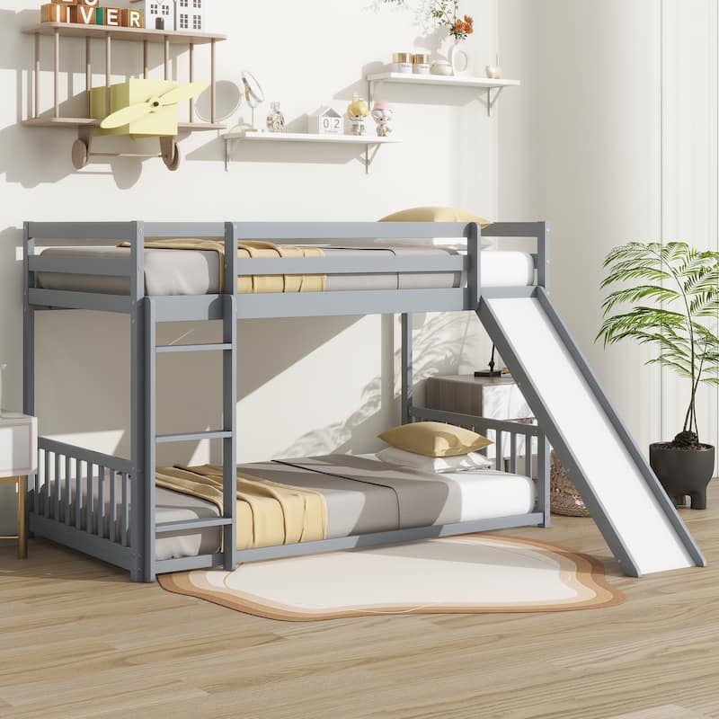Twin over Twin Size Wooden Bunk Bed with Slide & Ladder & Door, Safety Guardrails Floor Bed, White