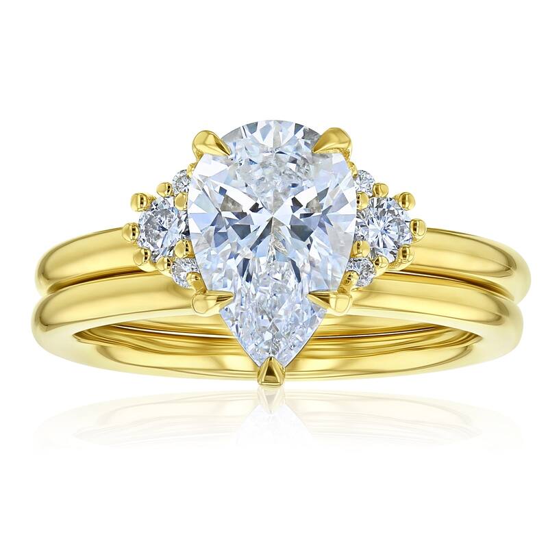 Kobelli 2.22 Carats Pear Lab Grown Diamond Certified Solid 14k Plain Gold Bands Dulce 2pc Bridal Set - Yellow - 10