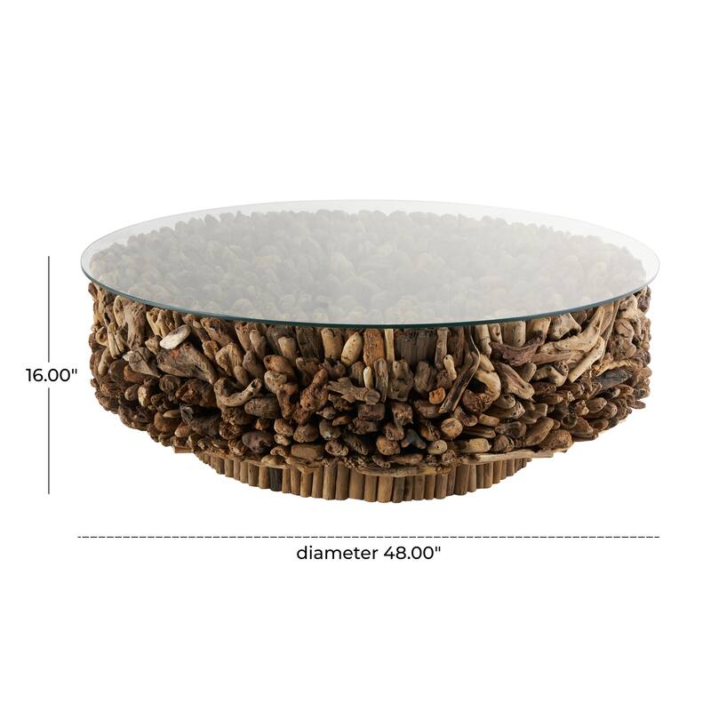 Driftwood Handmade Stacked Collage Coffee Table with Tempered Glass Top and Pedestal Base - Brown - Roche River Decor