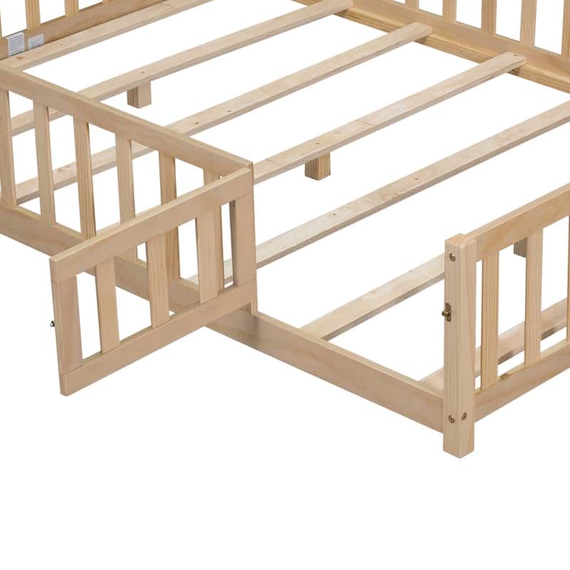 Natural Full Size Floor Platform Bed with Fence and Door for Kids