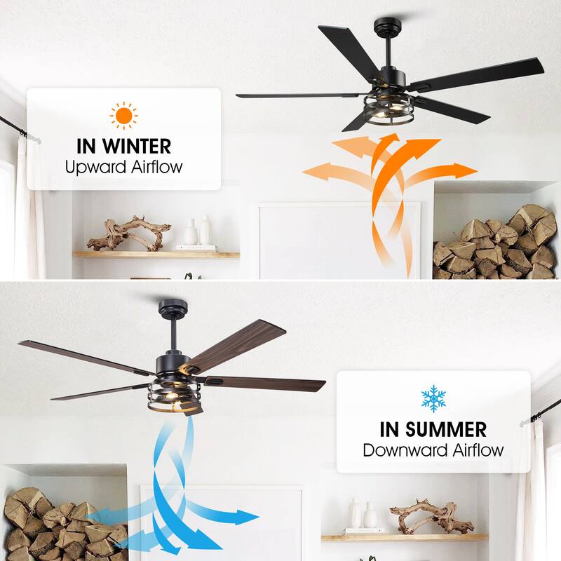 Vaczon 52" Industrial Reversible Wood 5-Blade Black Ceiling Fan with Light and APP Control