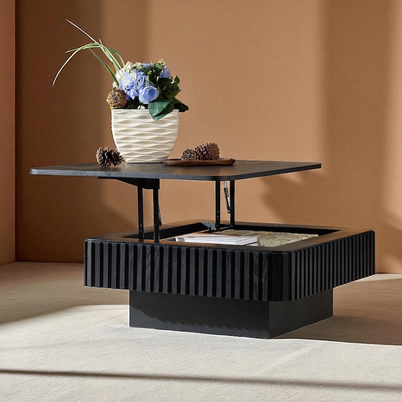 35.43" Modern Handcrafted Drum Coffee Table with Lift-Top and Hidden Storage, Square Wooden Accent Table