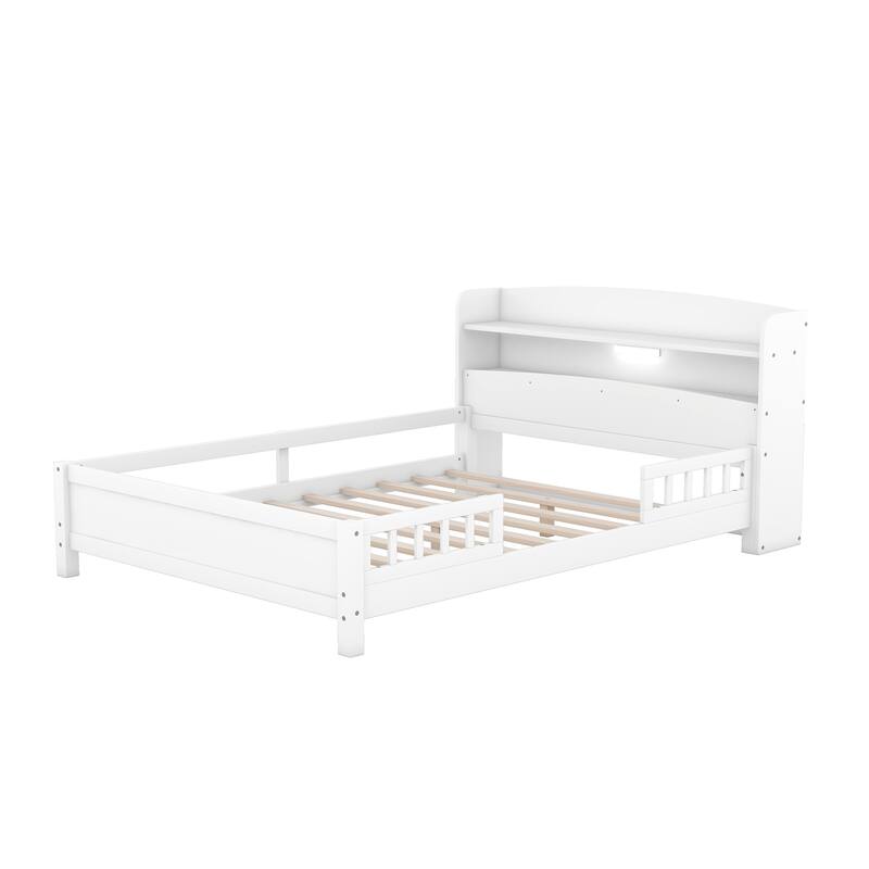 Multifunctional Wood Platform Bed, Twin/Full with LED Headboard Light & Storage