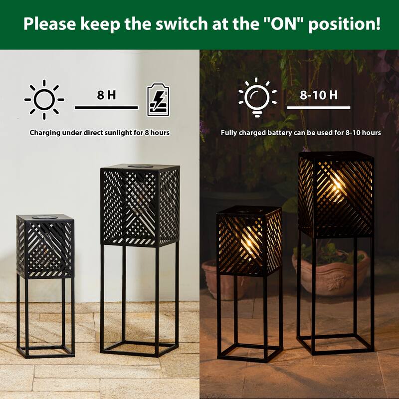 Glitzhome Set of 2 Black Metal Cutout Pattern Solar Powered Edison Bulb Outdoor Floor Lantern or Planter Stands
