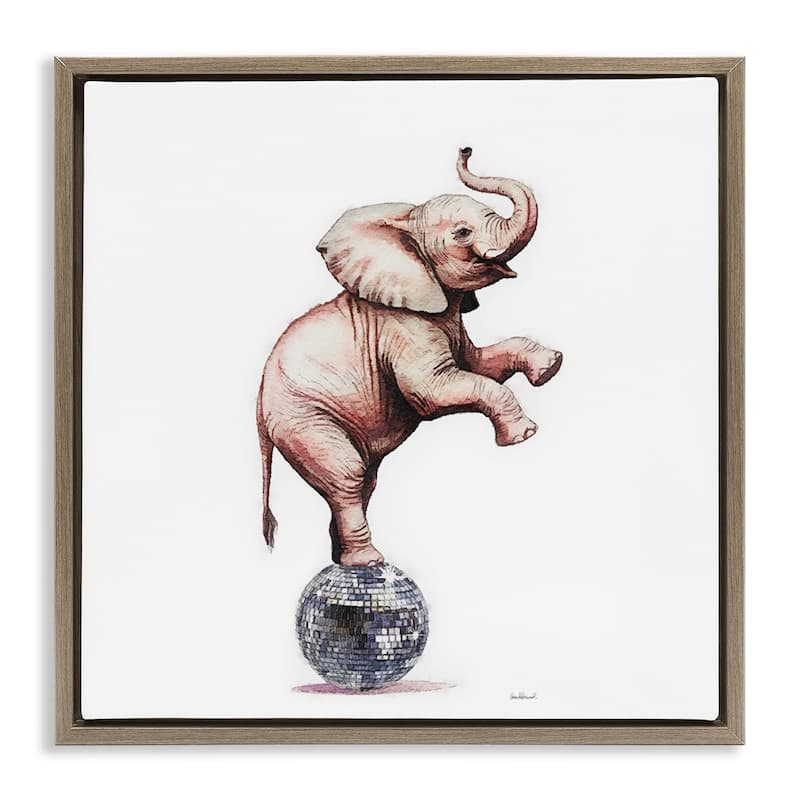 Stupell Elephant on Disco Ball Framed Floater Canvas Wall Art Design By Amanda Greenwood - 18 x 18 - Brown