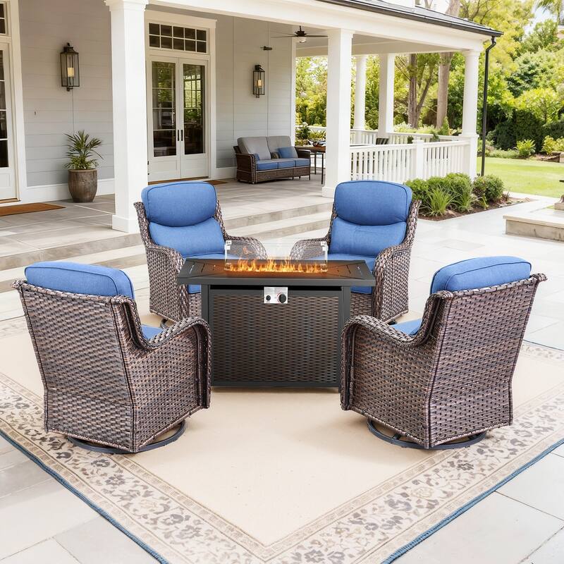 Pocassy Patio Furniture Set with 43 inch Fire Pit Table - Blue Cushion Brown Wicker - 5-Piece Fire Pit Table w/ Swivel Chair Set