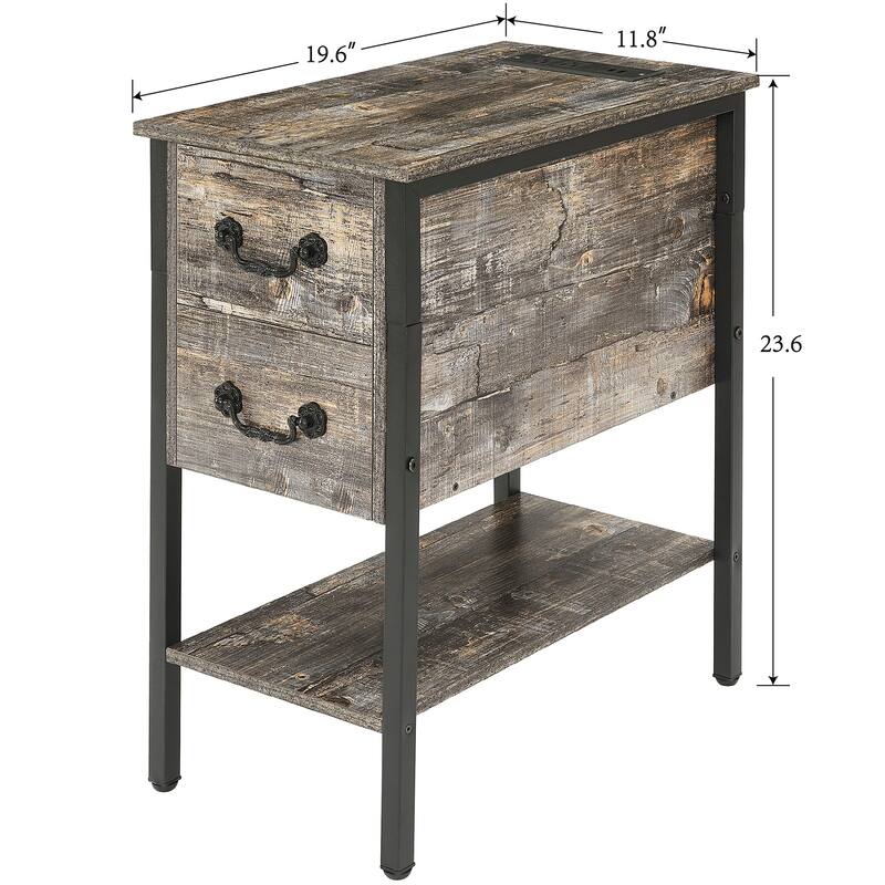 End Table with Charging Station, Narrow Chairside Table with Drawers & USB Ports & Power Outlets, Nightstand for Small Spaces