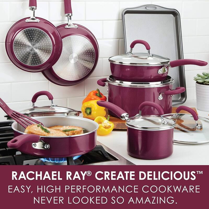 Create Delicious Nonstick Cookware Pots and Pans Set, 13 Piece, Burgundy Shimmer