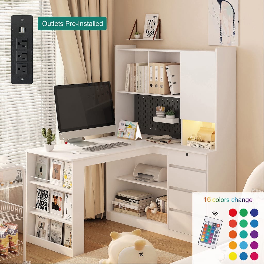 L Shaped Computer Desk Home Office Desk, Study Table Writing Desk with Charging Station, Drawers, Bookshelf & LED Light