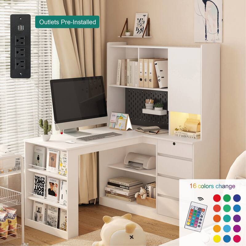 L Shaped Desk with Charger,Computer Desk with Drawers,Bookshelf, with LED Light,Modern Corner Desk,Home Office Desk