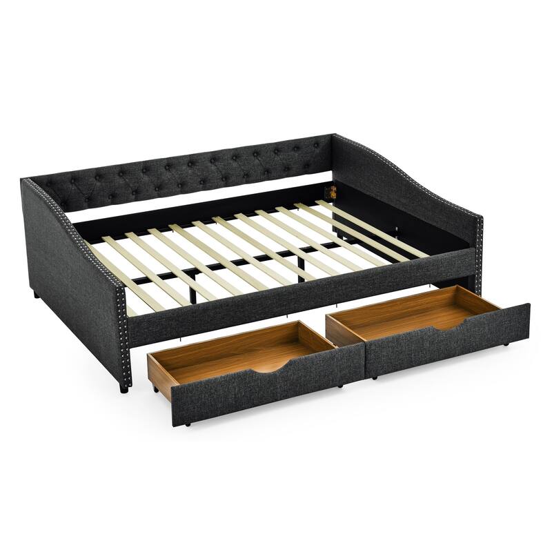 Tufted Button Daybed with 2 Storage Drawers/Upholstered Sofa Bed Frame w/Copper Nail on Waved Shape Armrests/No Spring Box Need