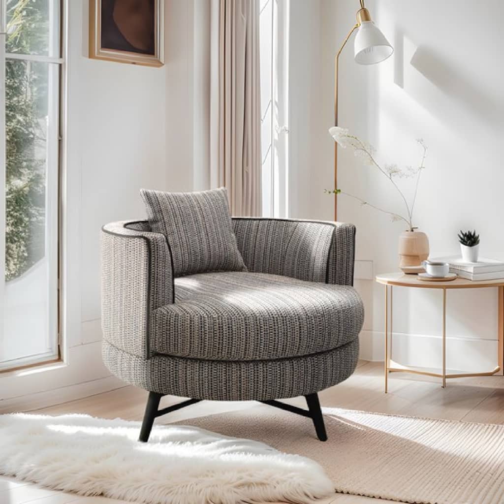 Roomfitters 360 Degree Modern Swivel Barrel Chair, Upholstered Round Lounge Seating with Lumbar Pillow, Multi