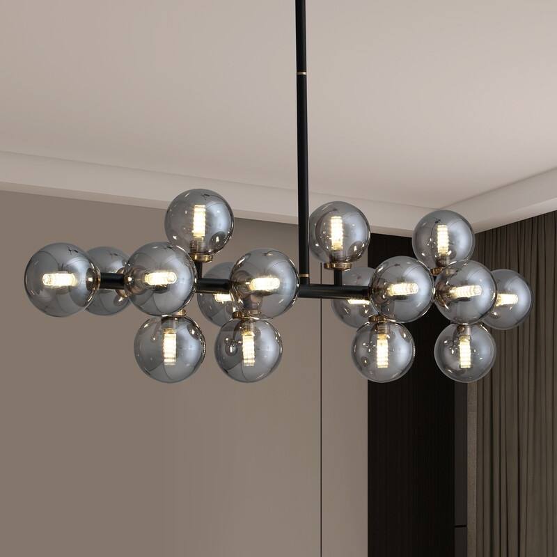 40 in. Linear Mid Century Modern Chandelier 16-Light Gold Brass Sputnik Pendant Light with Frosted Glass Globe for Dining Room