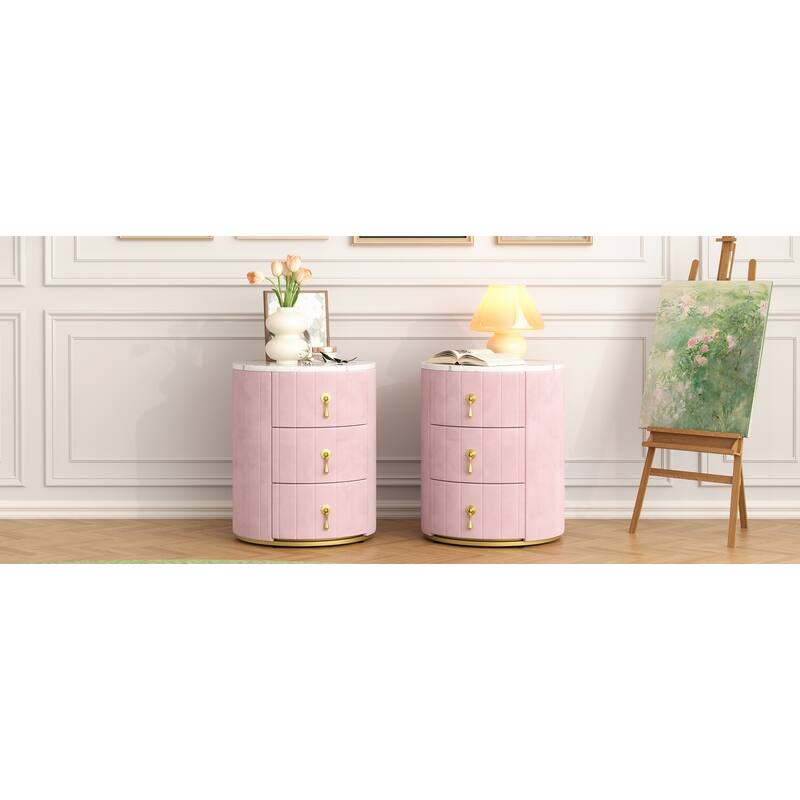 Set of 2 Upholstered 3-Drawer Nightstands - Round Marbling Top Bedside Table (Fully Assembled Except Handles, Pink)