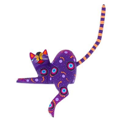 Novica Handmade Placid Feline In Purple Wood Alebrije Figurine