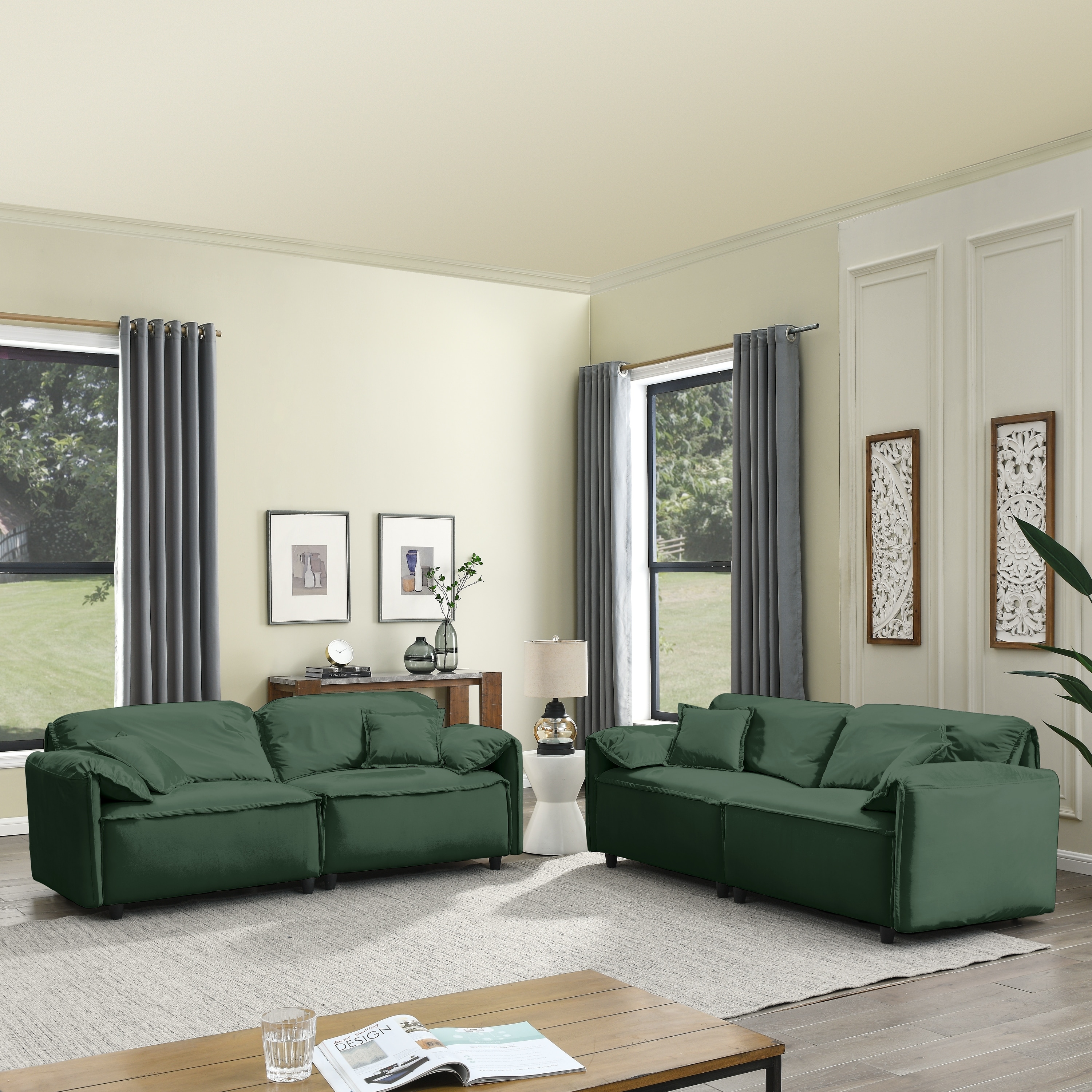 Green Modern Velvet Upholstery Living Room Sofa Set with Pillows (2x 3  Seater), image size:3000x3000