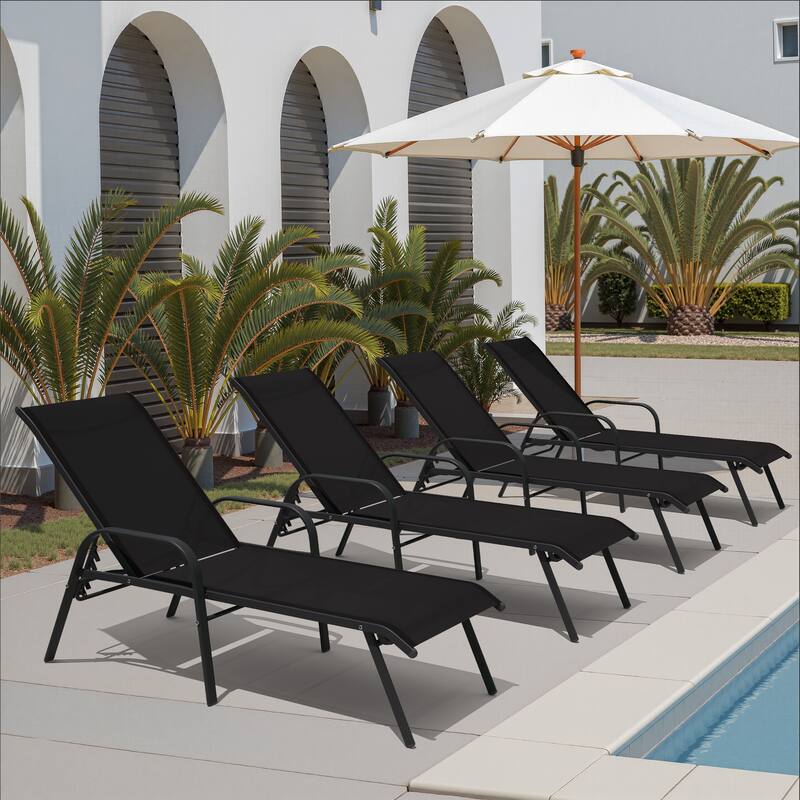 Set of 4 Outdoor Patio Adjustable Back Chaise Lounges Chairs with arms - Black-Setof4