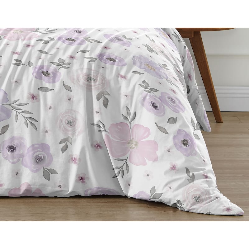 Sweet Jojo Designs Lavender Purple Pink Grey White Shabby Chic Watercolor Floral Collection Girl 2-piece Twin-size Comforter Set