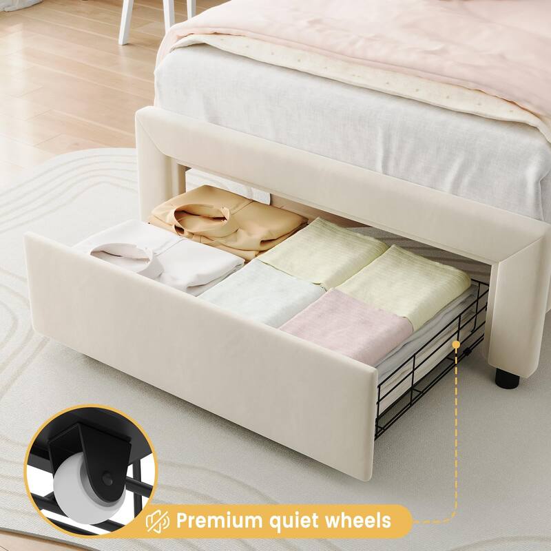 Twin Size Platform Bed Frame, Velvet Upholstered Bed Frame with Height Adjustable Bear-Shaped Headboard