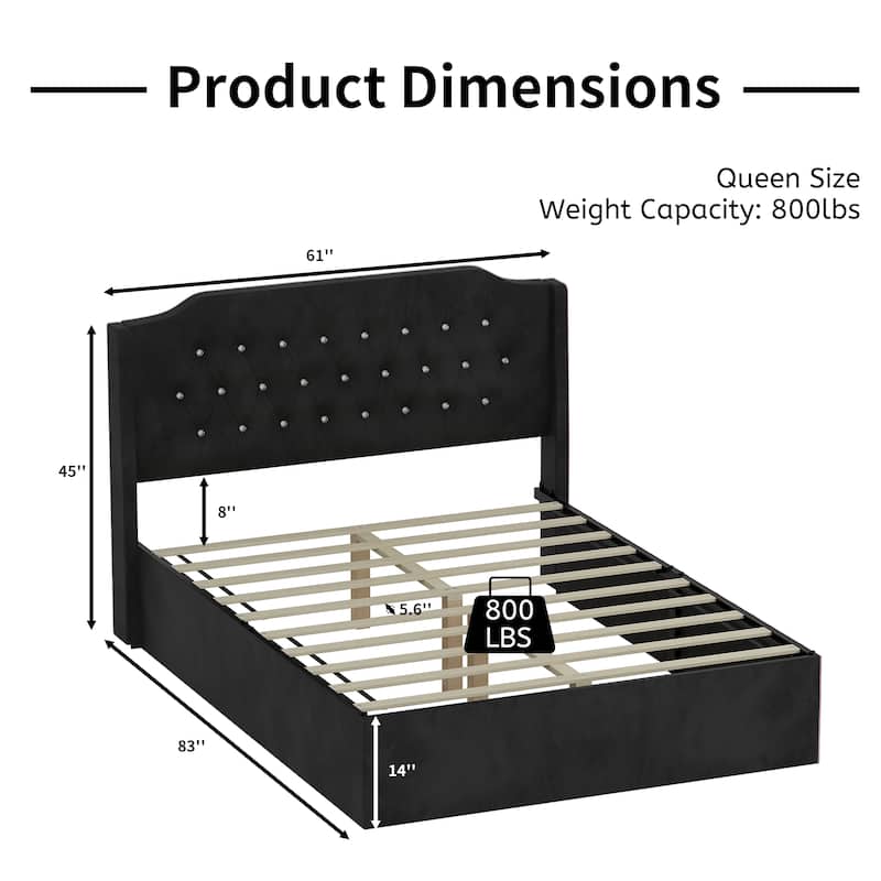 Queen Size Platform Bed with Wingback Headboard, Velvet Upholstered Bed Frame with Crystal Button Accents, Wood Slats Support