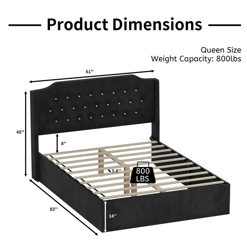 Queen Size Velvet Tufted Upholstered Bed Frame with Crystal Button Headboard