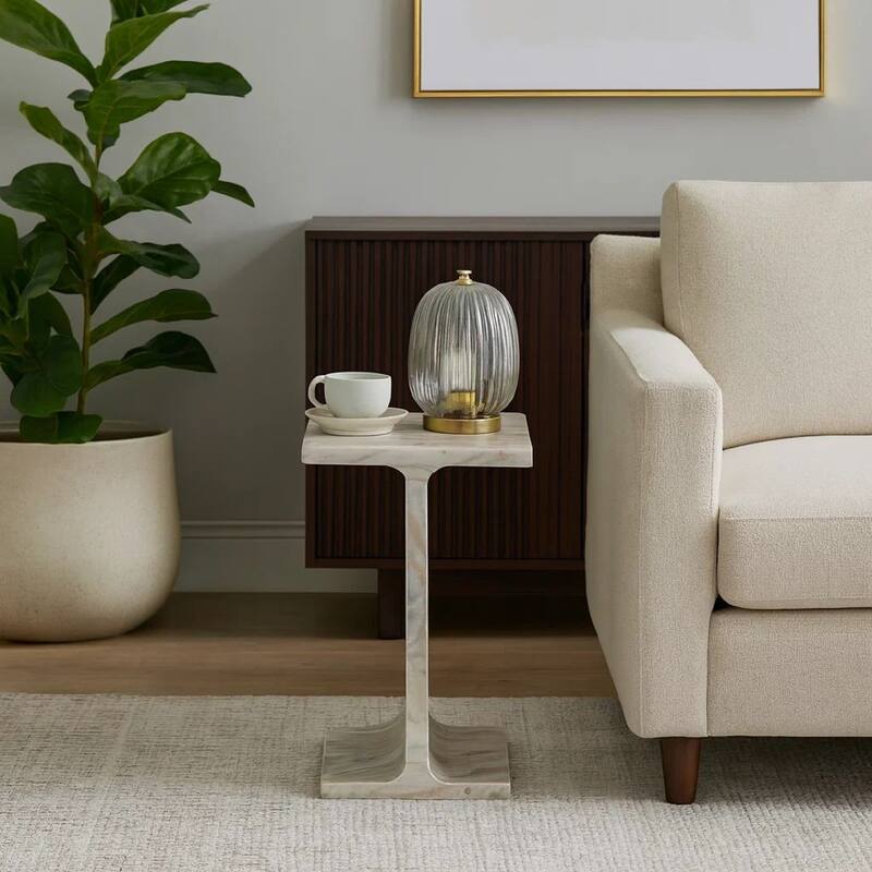 Isy Accent End Table, 15 Inch Natural Tan Brown I-Beam Shaped Marble