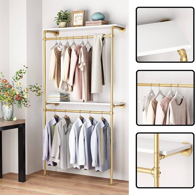 Gold Pipe Clothing Racks with 2 Tier Shelves