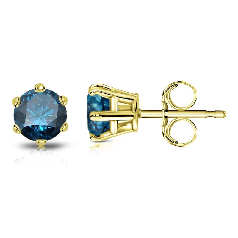 Auriya 3/4ctw Round Blue Diamond Stud Earrings 14k Gold 6-Prong (SI2-SI3) - Yellow
