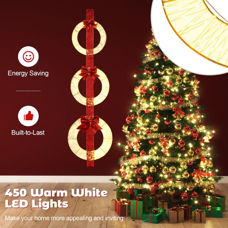 Gymax Set of 3 Christmas Lighted Wreaths Pre-Lit Metal Wreaths on Red - Multi-colors - See Details