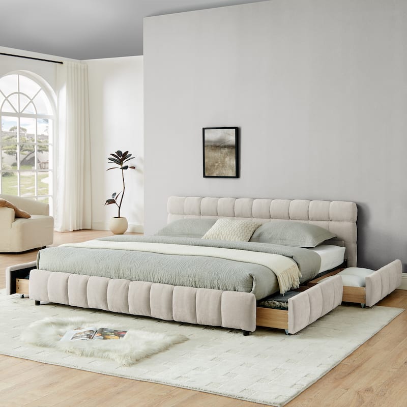 Lattice-shaped Cushion Platform Bed Grounded Bed Upholstered Bed Frame with 4 Drawers and Cozy Headboard No Box Spring Needed - Beige - King