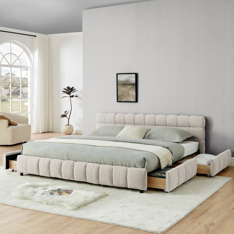 Modern King Size Upholstered Bed with Storage Drawers, Chenille Fabric, Beige