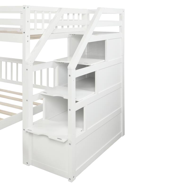 White Twin over Full Loft Bed with Staircase and Storage